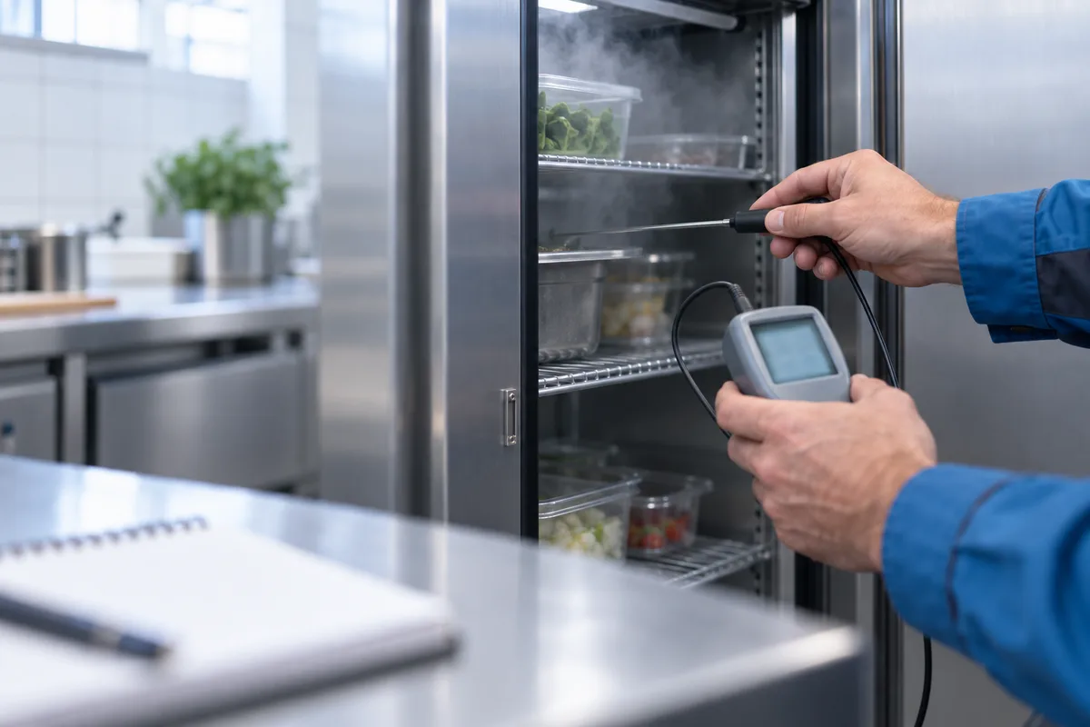 Mains glissant une sonde de thermomètre dans une armoire réfrigérée
