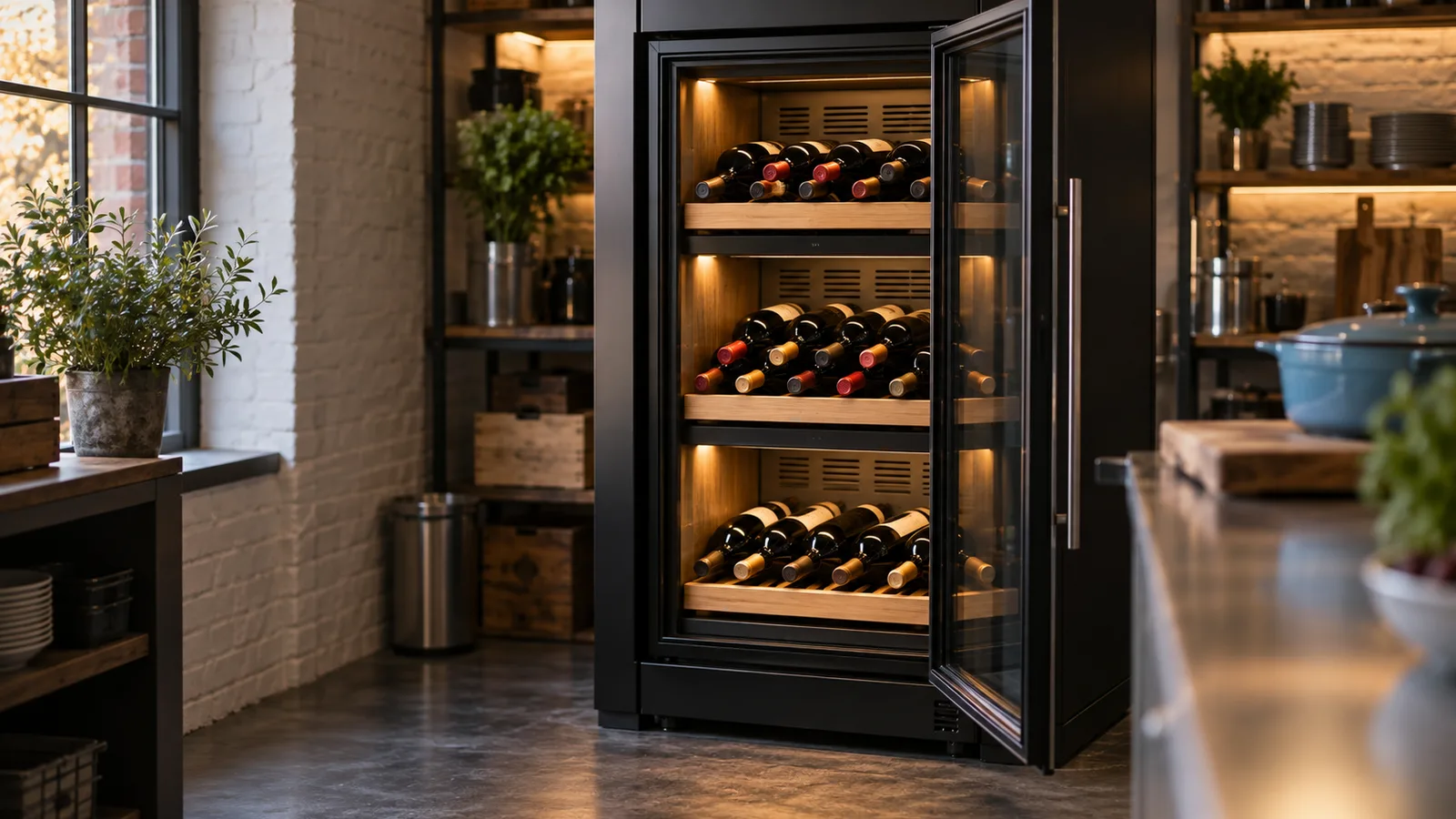 Cave à vin vitrée multi-zones dans l'arrière-cuisine d'un restaurant