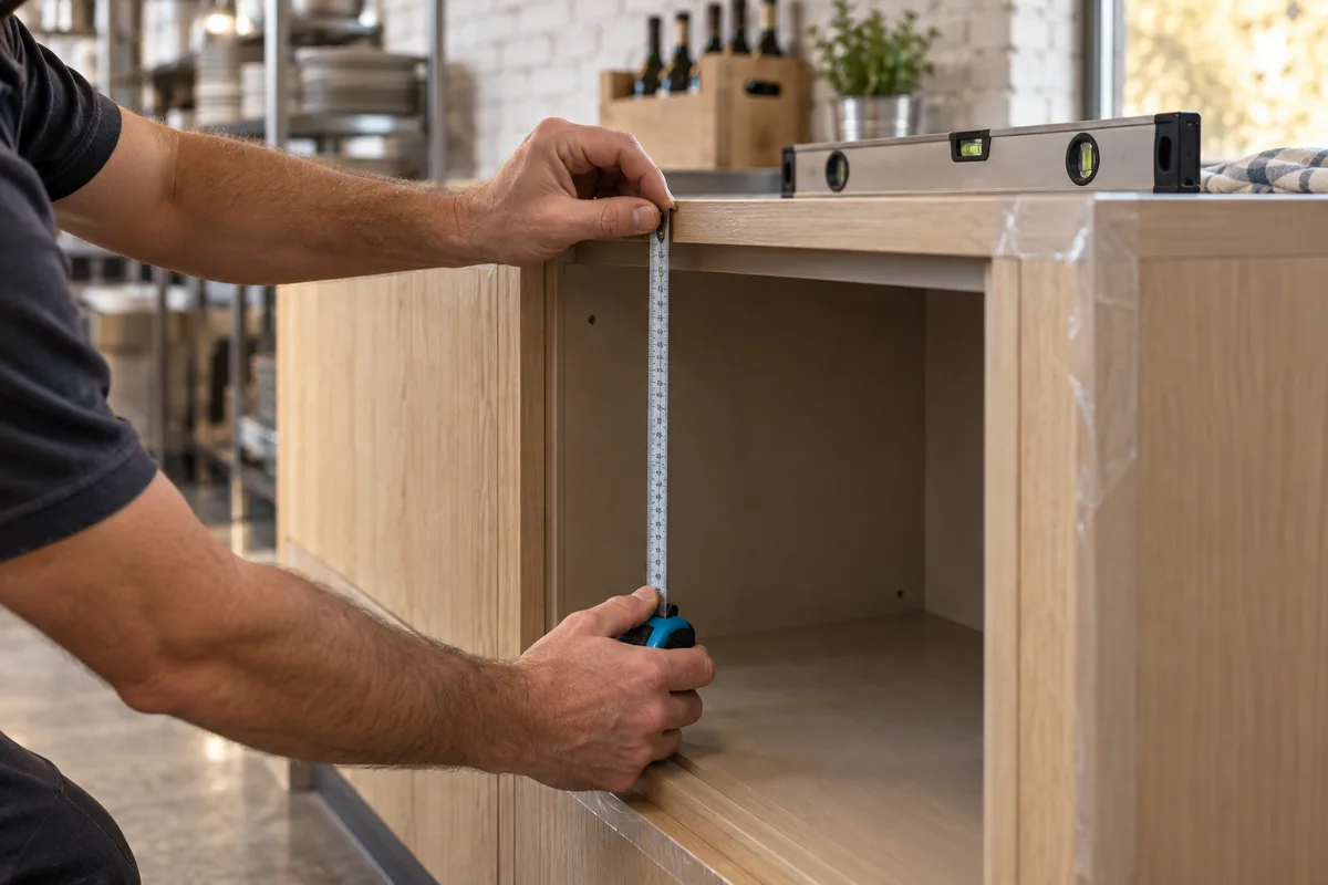 Installateur mesurant au ruban la niche d'une cave encastrable