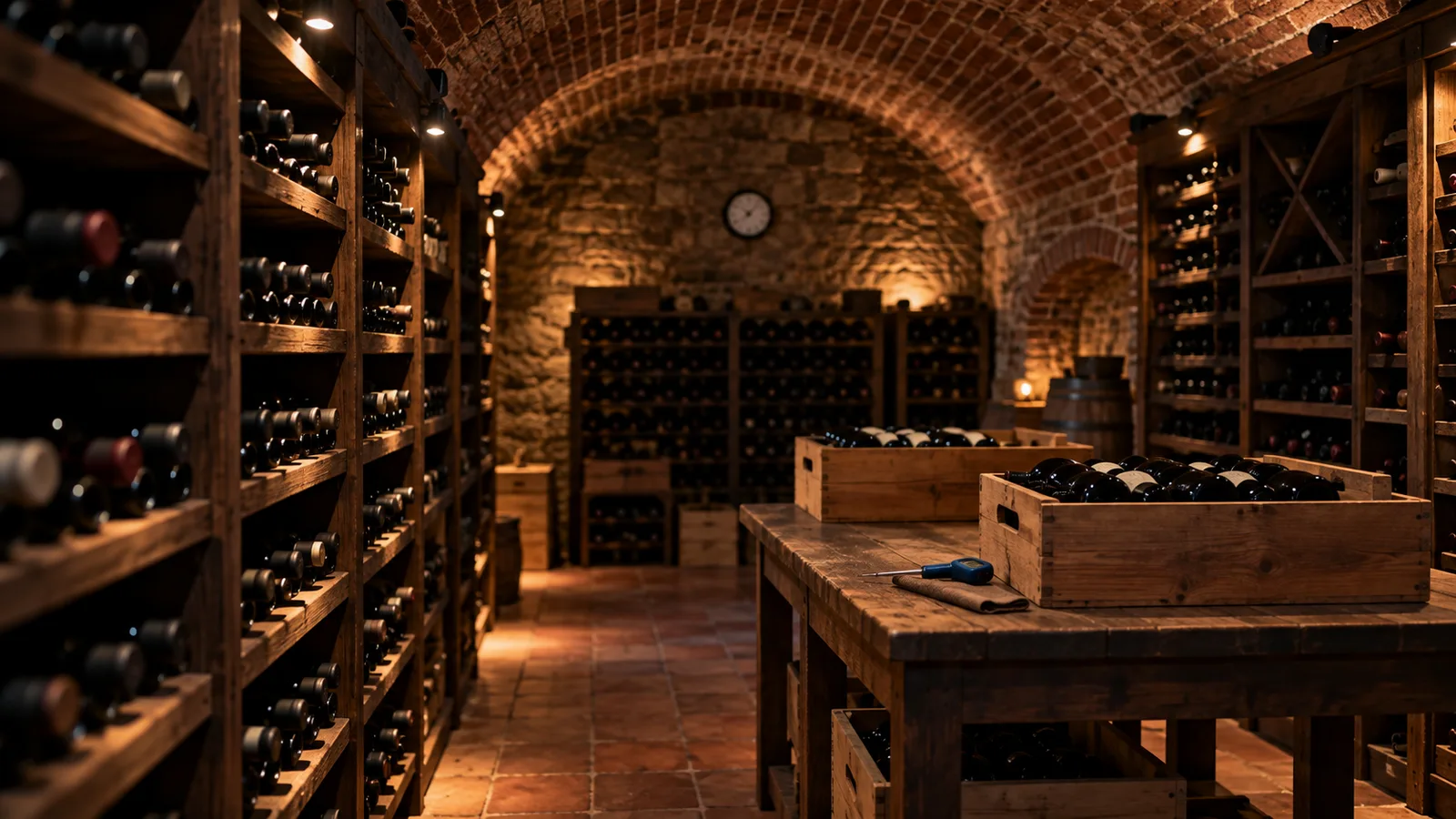 Cave à vin voûtée en brique avec clayettes chargées de bouteilles couchées