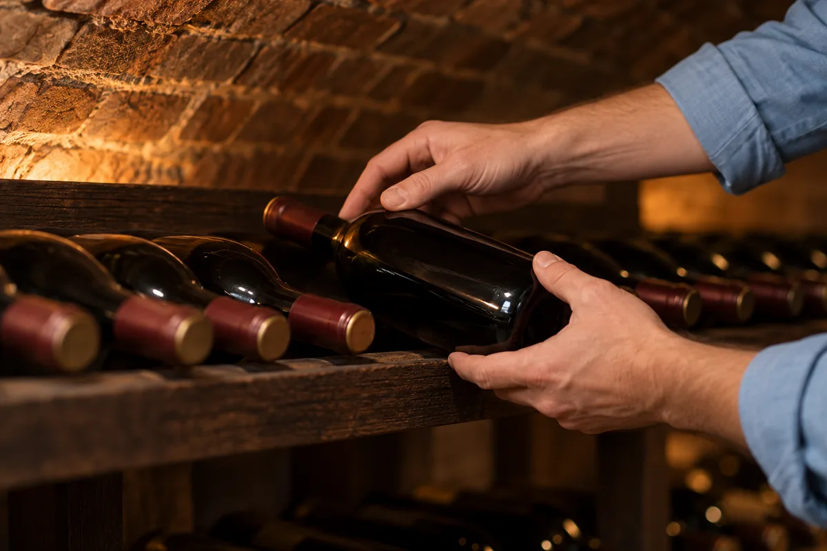 Mains déposant une bouteille sur une clayette dans une cave voûtée