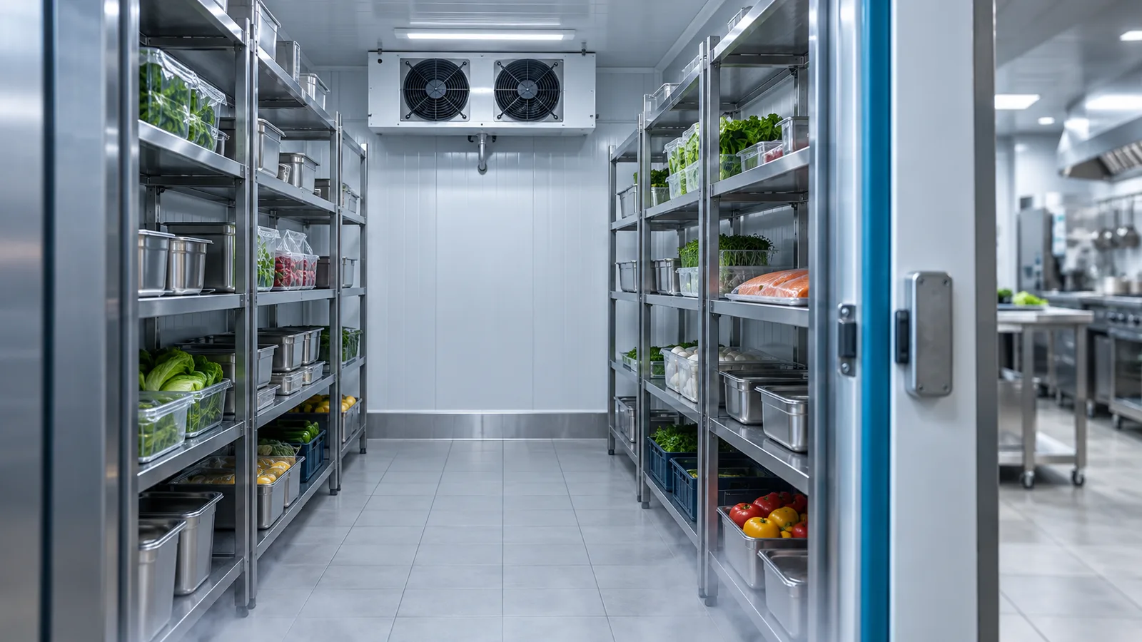Intérieur d'une chambre froide professionnelle aux étagères inox ordonnées