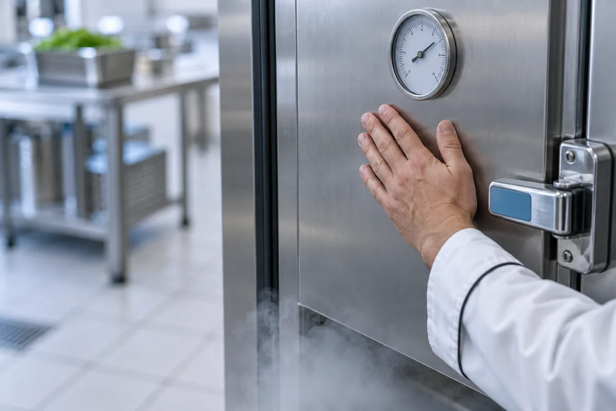Main posée sur une porte de chambre froide sous un thermomètre