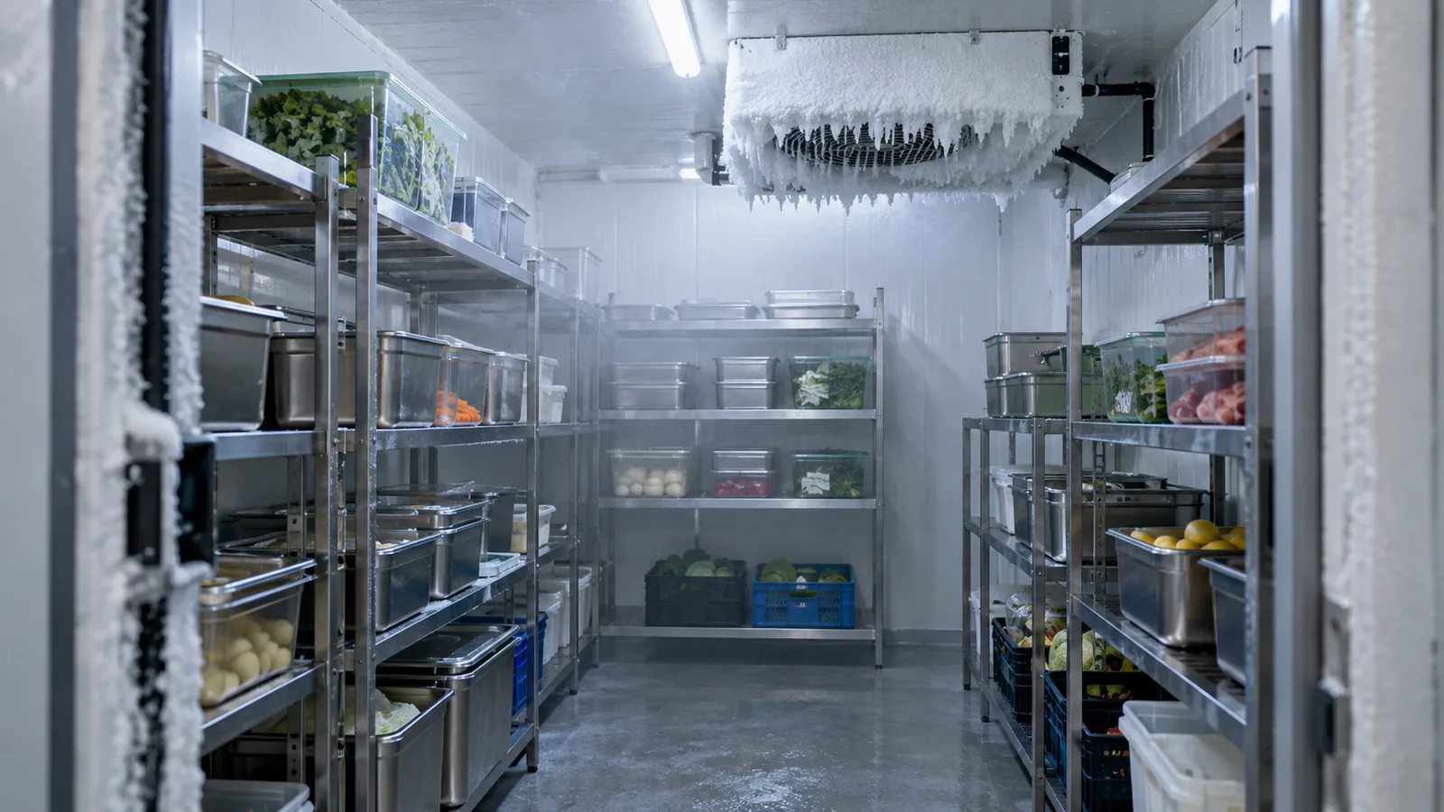 Chambre froide avec évaporateur couvert de givre et étagères inox chargées de bacs