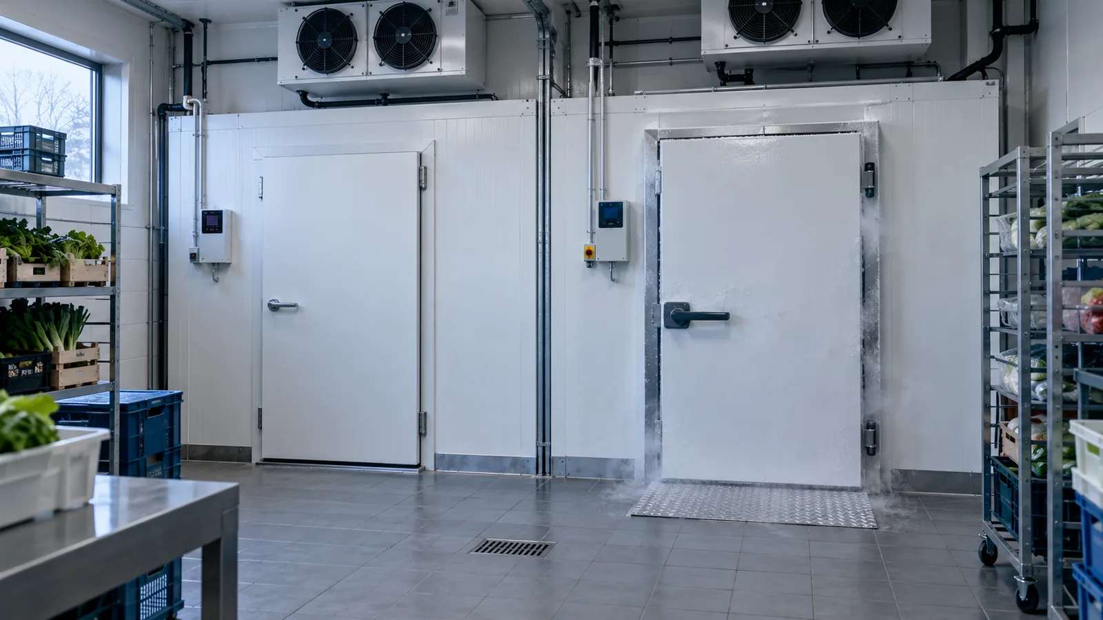 Portes d'une chambre froide positive et d'une chambre négative côte à côte