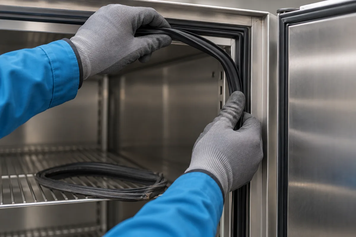 Mains clipsant un joint neuf sur la porte d'une armoire réfrigérée