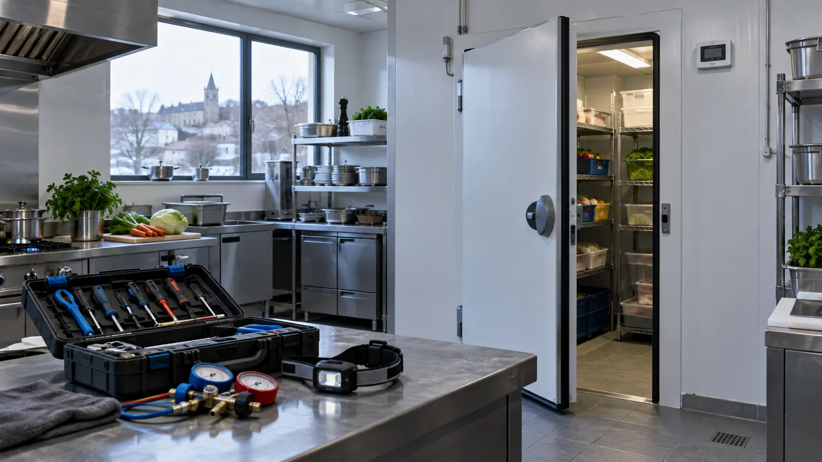 Porte entrouverte d'une chambre froide en cuisine, mallette de frigoriste au premier plan