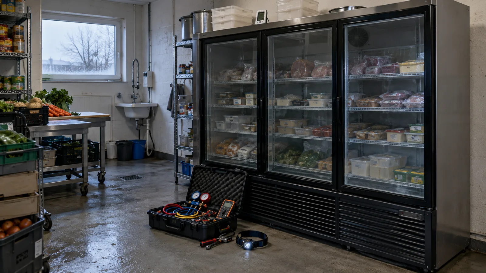 Frigo vitrine éteint en arrière-boutique et mallette de dépannage ouverte au sol