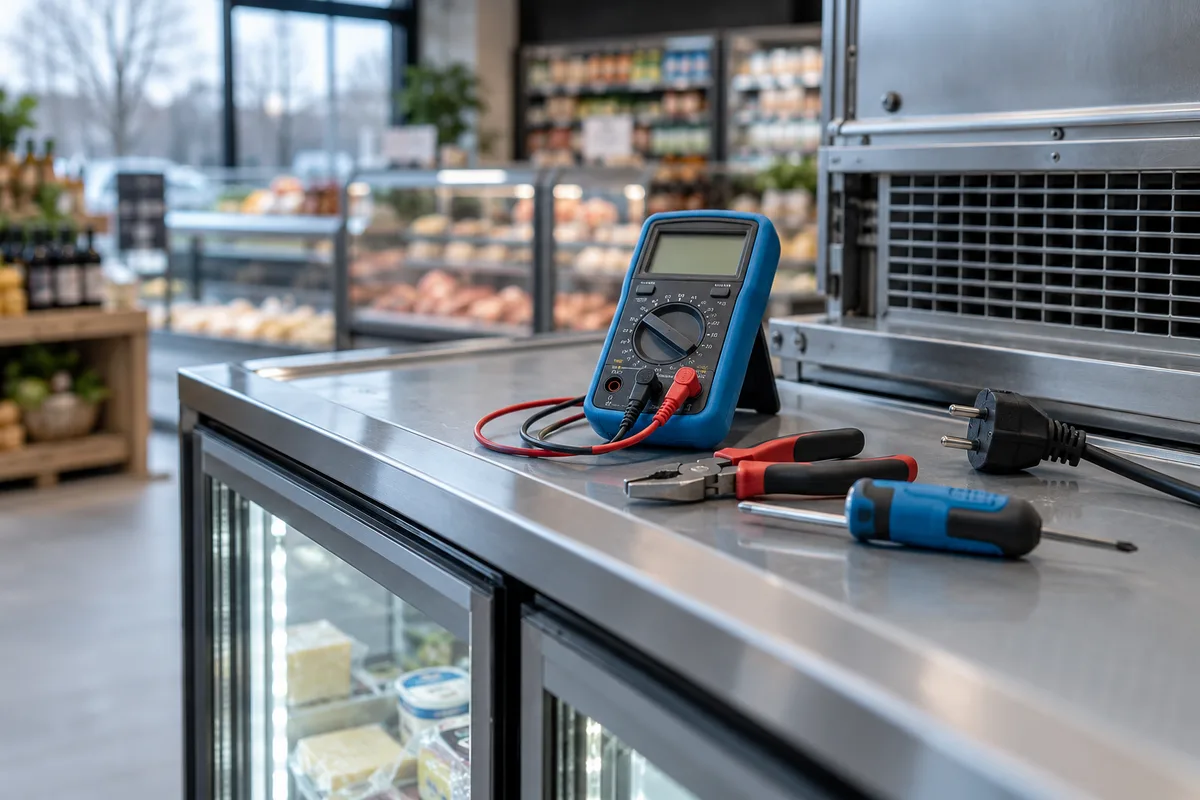 Multimètre, pinces et tournevis posés sur le dessus d'un frigo commercial