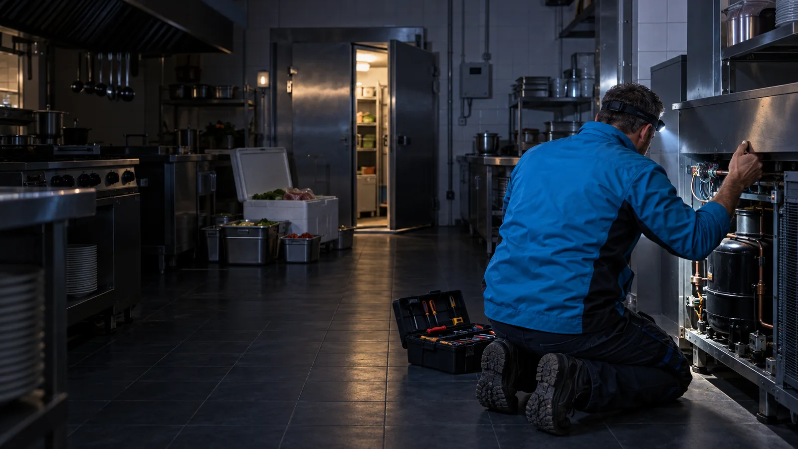 Frigoriste à la lampe frontale réparant une chambre froide de nuit