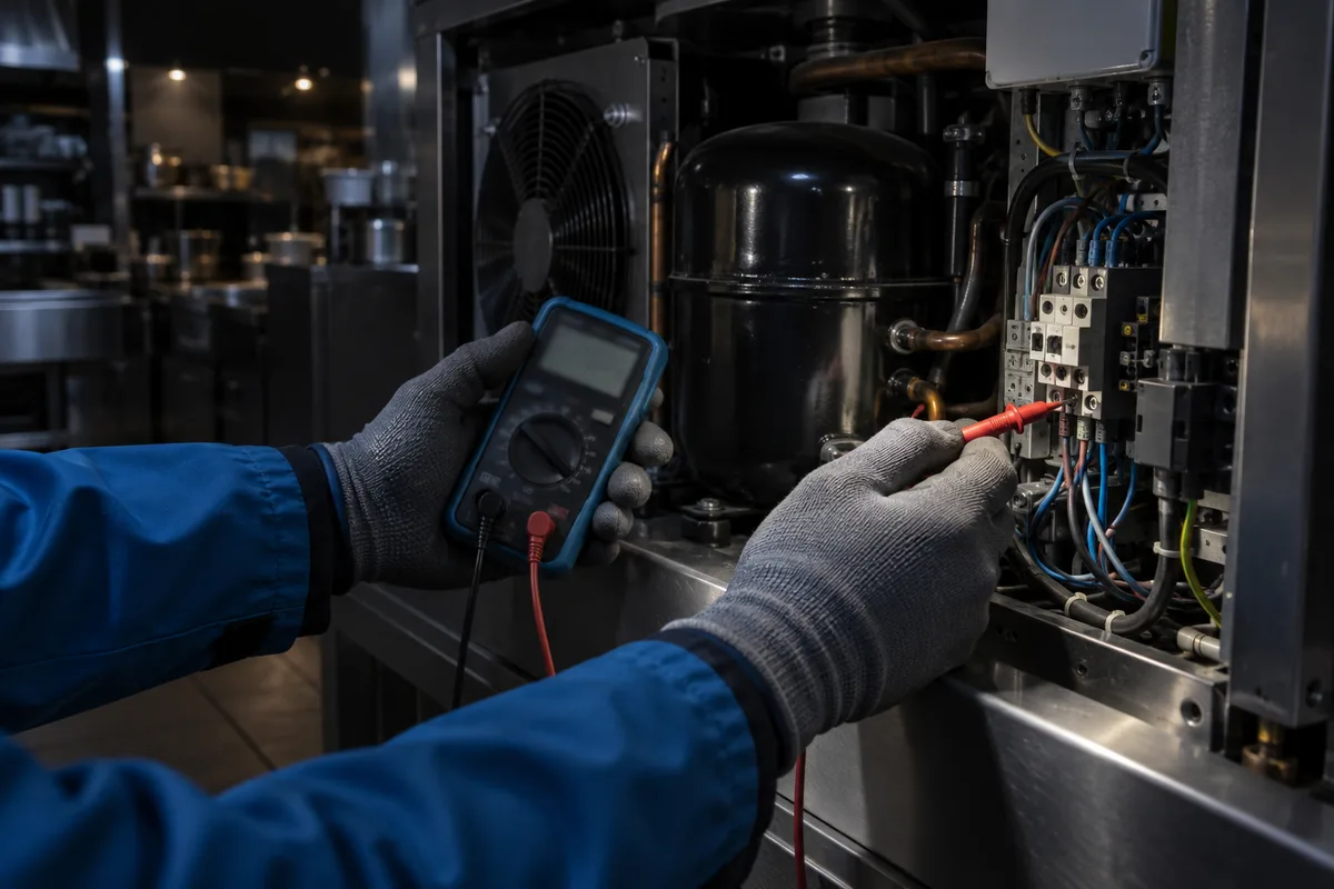 Mains testant une borne électrique au multimètre sur un groupe froid