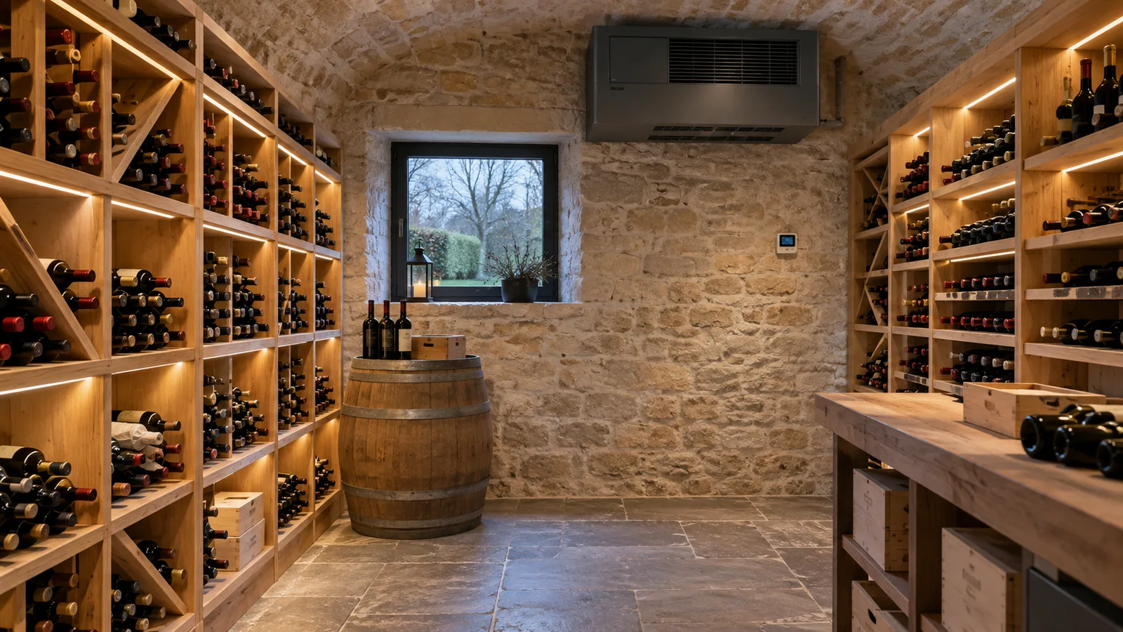 Cave à vin professionnelle en pierre claire avec casiers en bois et groupe de froid