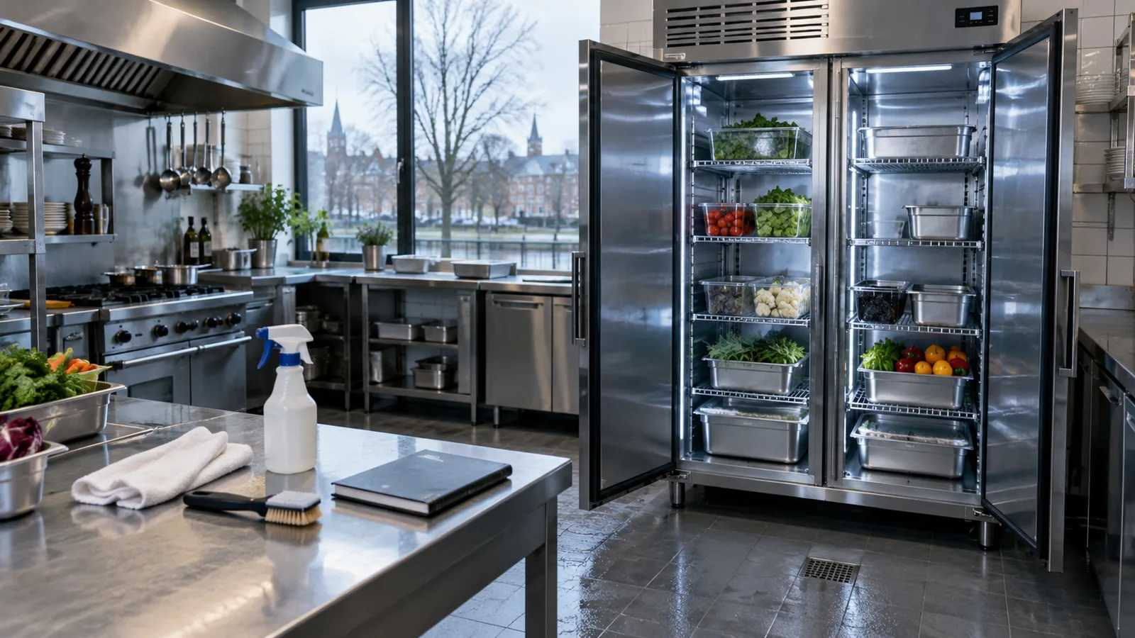 Frigo commercial inox ouvert en cuisine, chiffon, pinceau et carnet d'entretien sur le plan