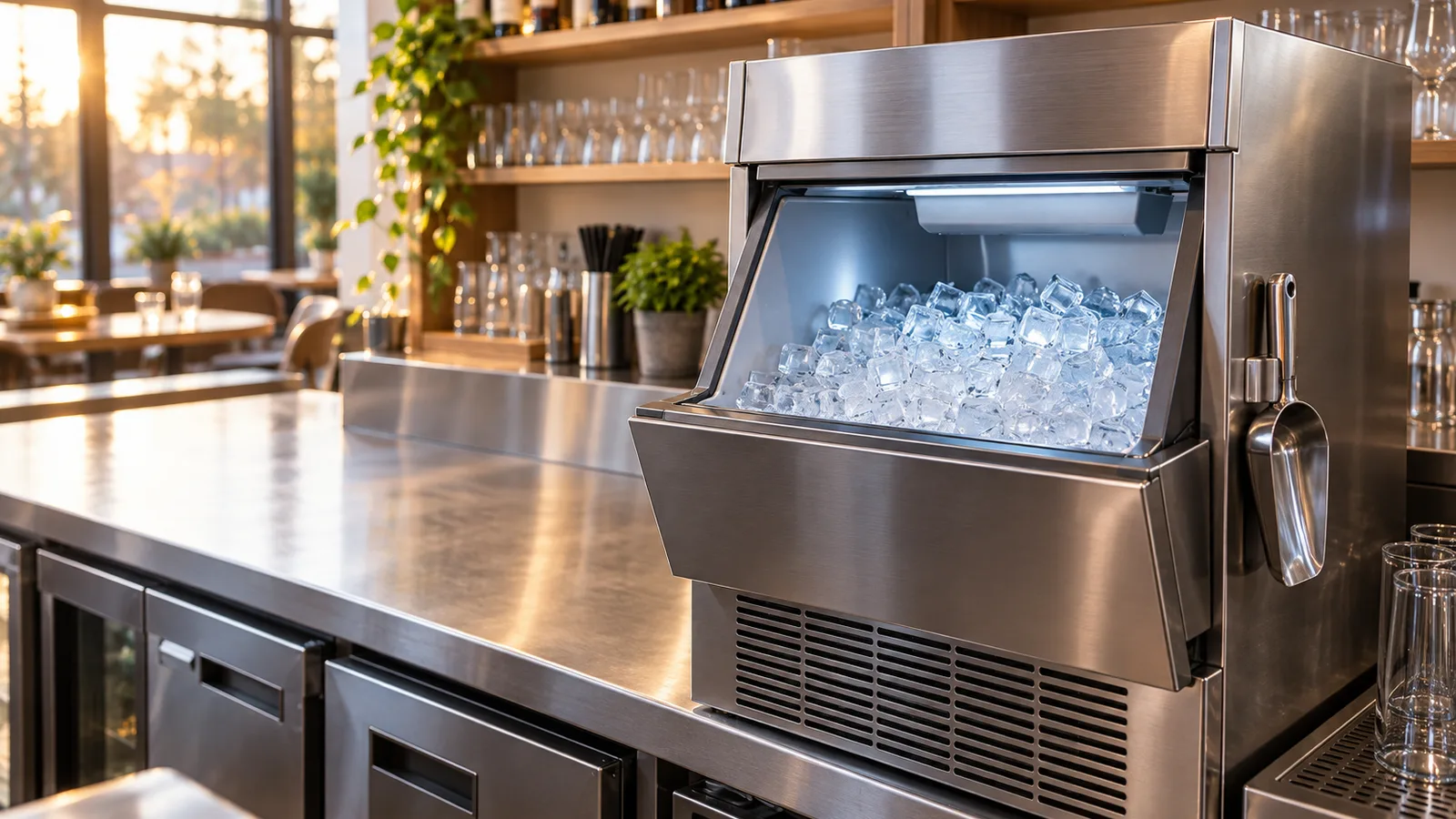 Machine à glaçons en inox au bac ouvert rempli de glaçons