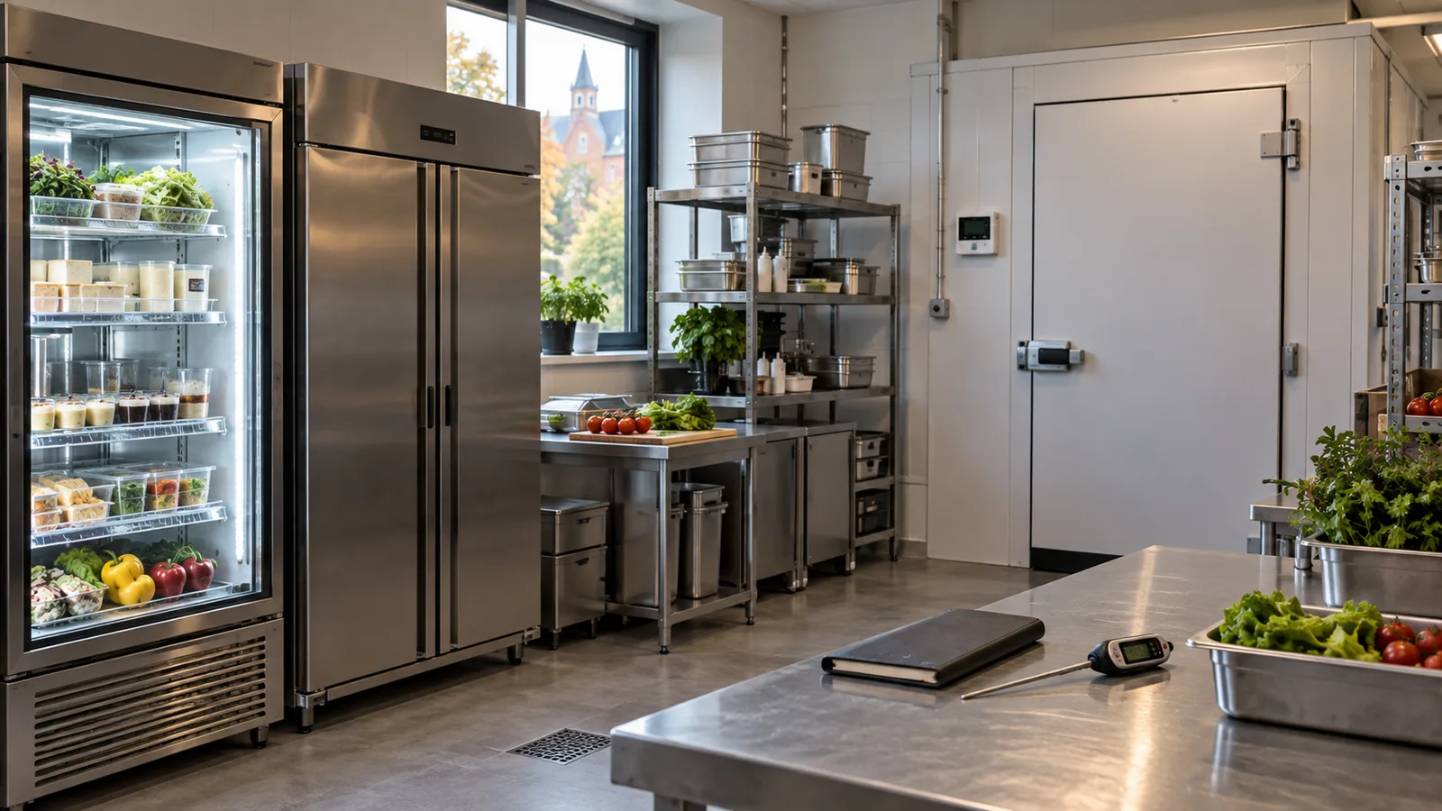 Équipements froids alignés en arrière-cuisine, carnet d'entretien et thermomètre sur le plan
