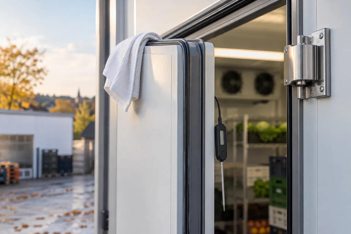 Joint de porte de chambre froide propre avec chiffon et thermomètre à sonde