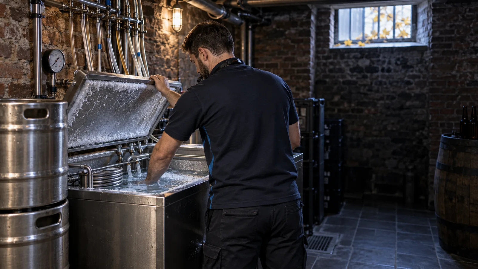 Frigoriste vérifiant le bain glacé d'un refroidisseur à fûts