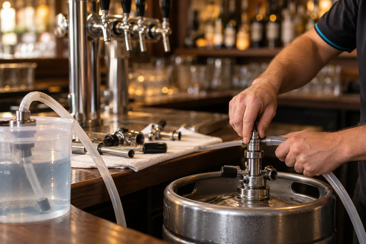 Mains raccordant une ligne de bière derrière un comptoir