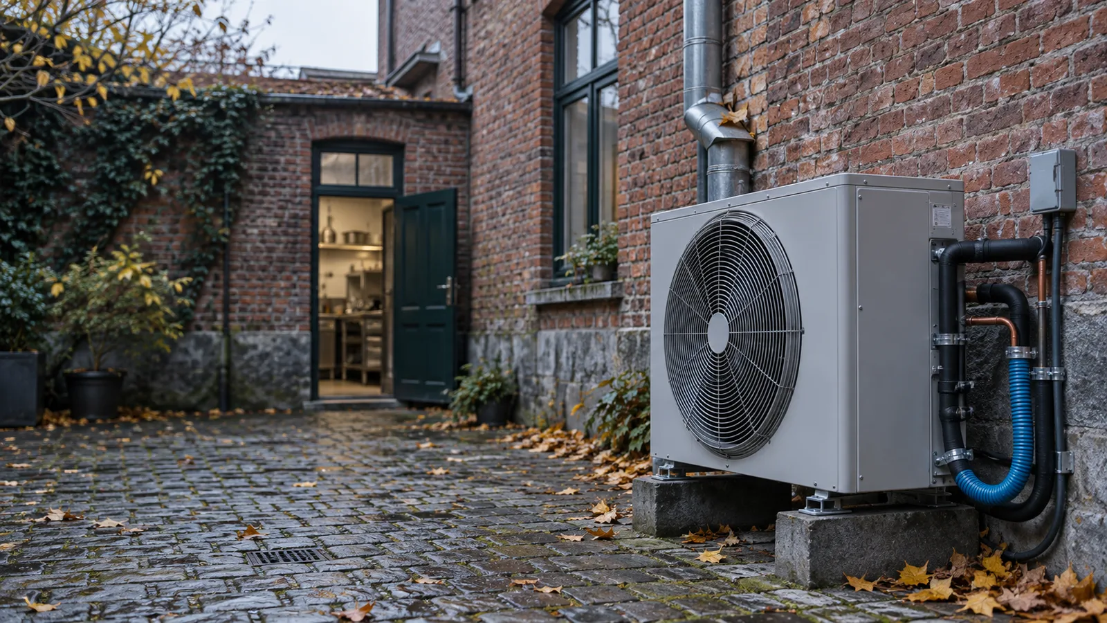 Groupe extérieur de réfrigération posé dans une cour pavée en automne
