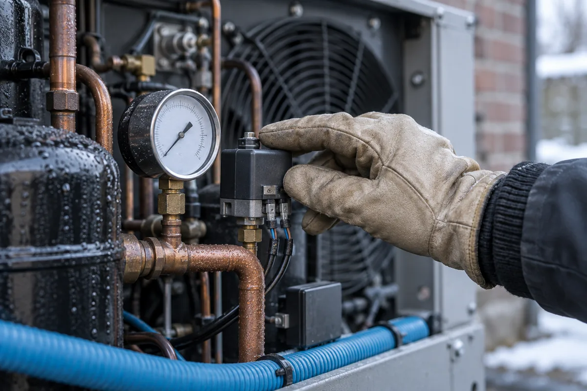 Main gantée vérifiant un pressostat sur une tuyauterie de cuivre embuée
