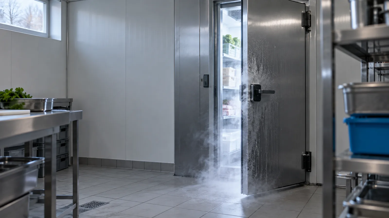 Buée de froid s'échappant d'une porte de chambre froide entrouverte