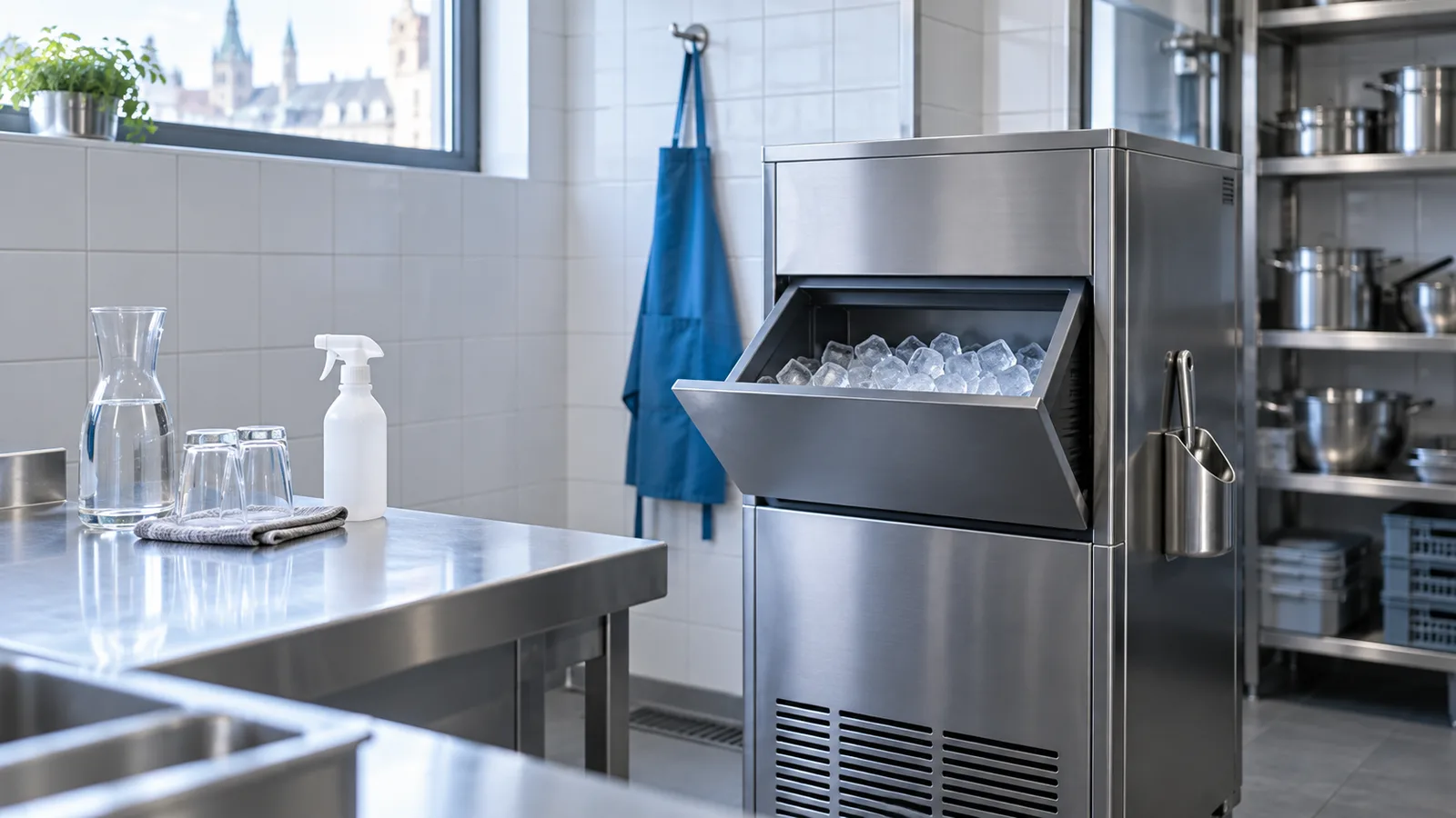 Machine à glaçons professionnelle en inox dans une arrière-cuisine carrelée