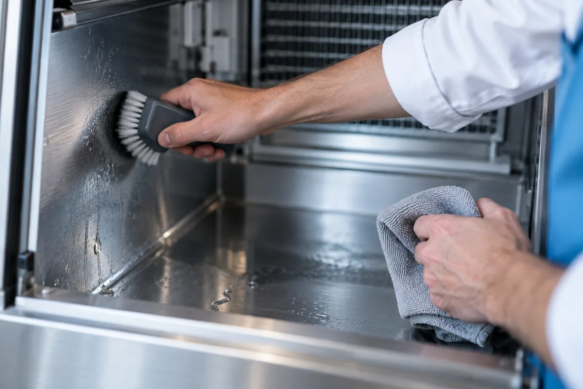 Mains nettoyant l'intérieur inox d'un bac à glaçons vidé