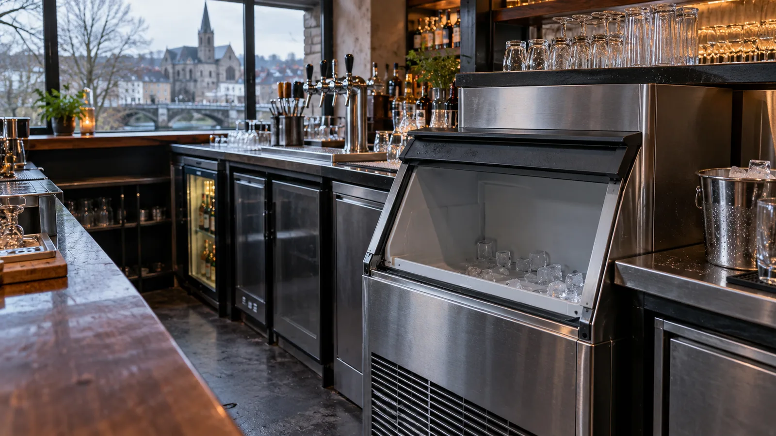 Machine à glaçons inox entrouverte derrière un bar, bac presque vide