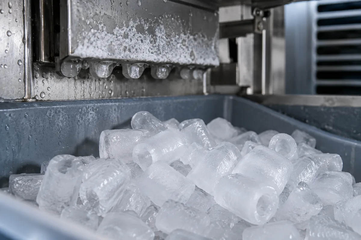 Glaçons creux et opaques dans un bac avec dépôt de tartre sur la paroi