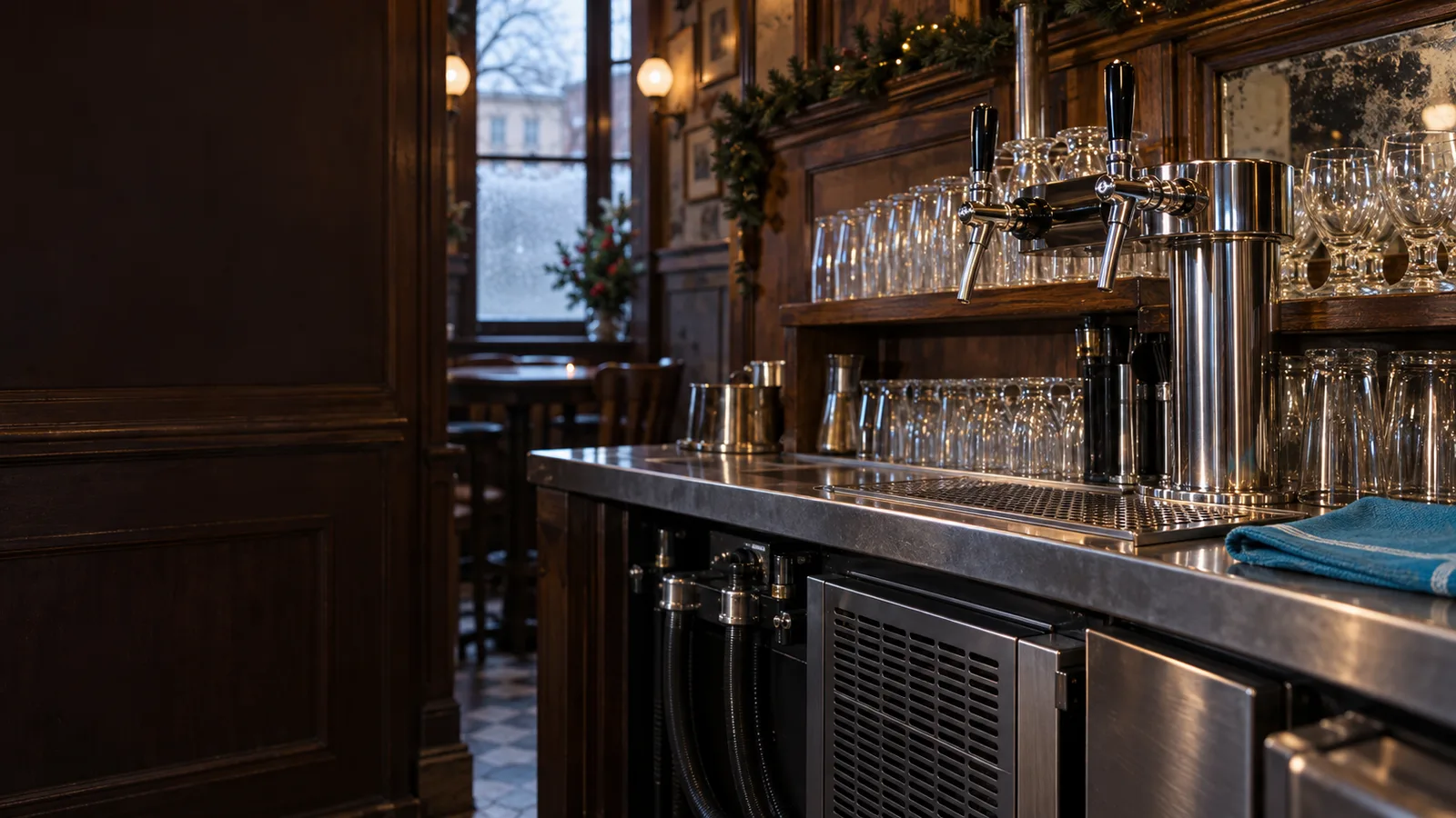 Tireuse à bière en inox sur le comptoir d'un café traditionnel
