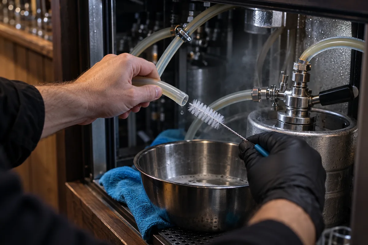 Mains nettoyant une ligne de bière au-dessus d'une bassine inox