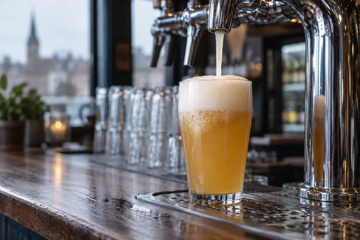 Verre de bière trouble avec beaucoup de mousse sous un robinet de tirage chromé