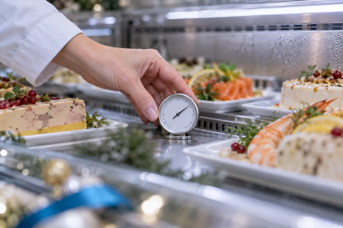 Main ajustant un thermomètre entre les plats d'une vitrine